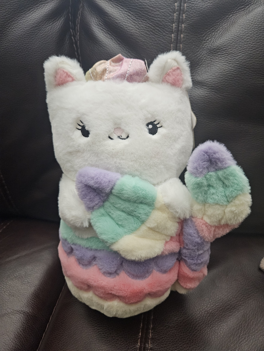 FAO Schwarz White Cat Plush with Pastel Rainbow Accents
